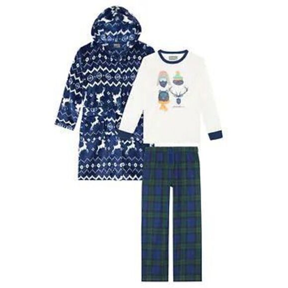 NEW! Eddie Bauer Youth 3 Pc PJ Set, LS Top, Pant & Robe, Reindeer- Unise… - Picture 2 of 16